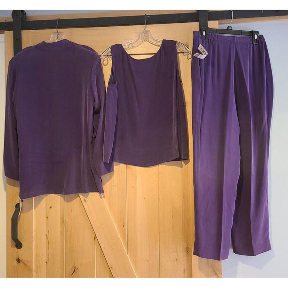 New! Vtg DRESS BARN Sz 8 Purple Silk 3 Piece Blouse, Tank & Pant Set Pleated - Picture 2 of 16